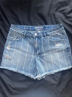 refuge Striped High-Rise Distressed Denim Shorts - Blue